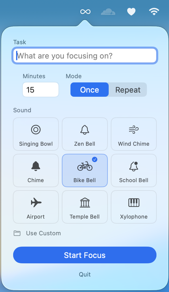 Ảnh chụp ứng dụng MindBell với bộ hẹn giờ tập trung và lựa chọn âm thanh chuông